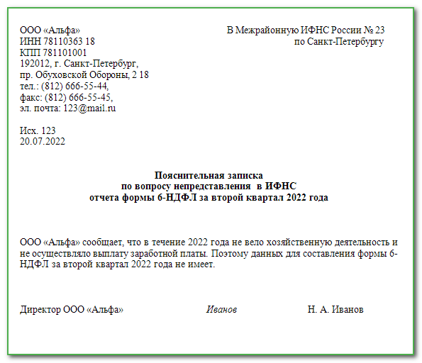 Письмо о нулевом 6 ндфл образец