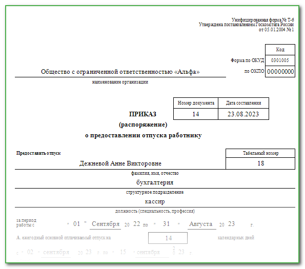 Приказ на отпуск с компенсацией за неиспользованный отпуск образец