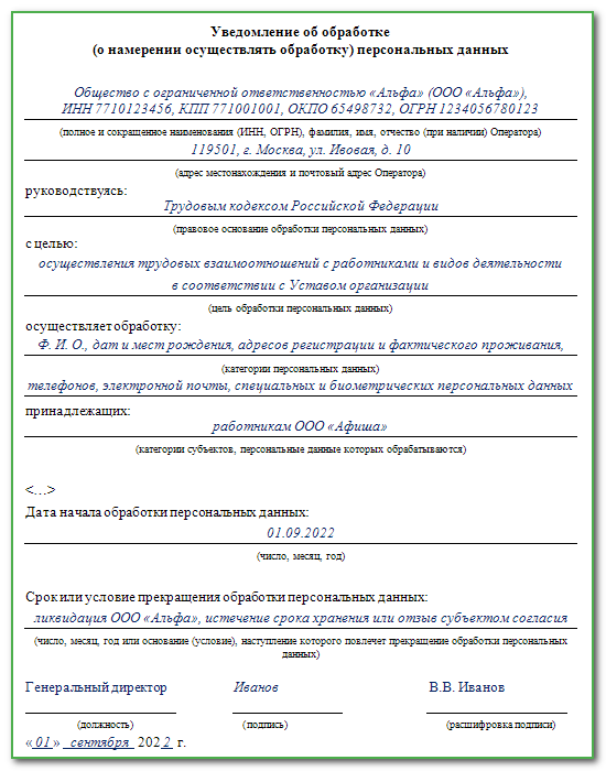 Образец заполнения формы уведомления роскомнадзора об обработке персональных данных