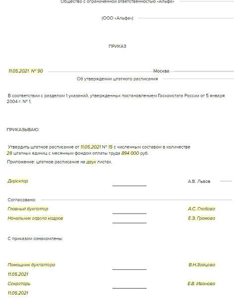 Приказ о составлении штатного расписания образец