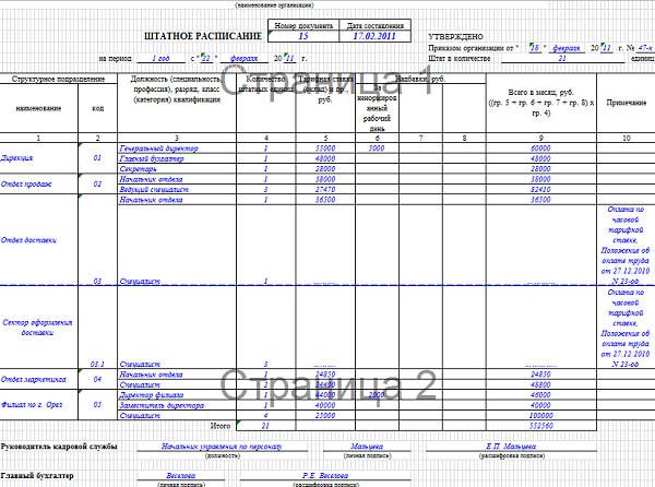 Штатное расписание снт образец