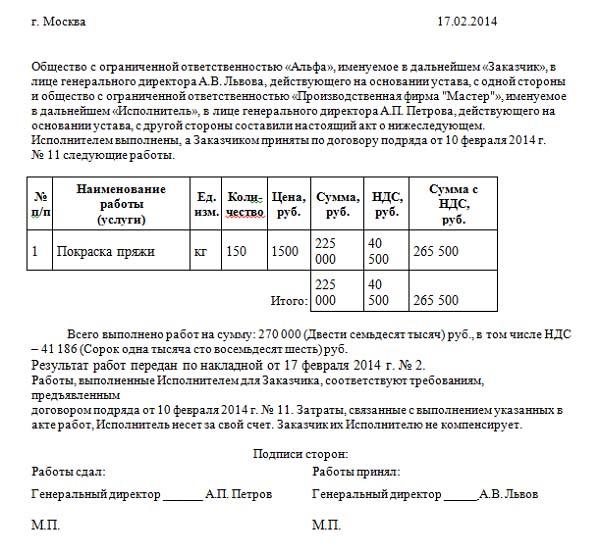 Акт выполненных работ по договору гпх с физическим лицом образец