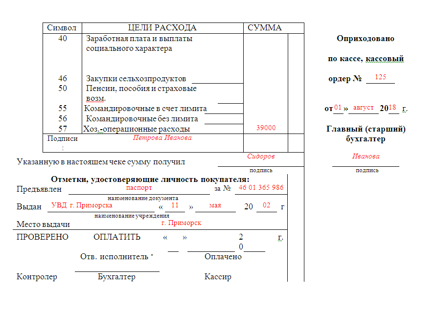 Образец чека на получение денег