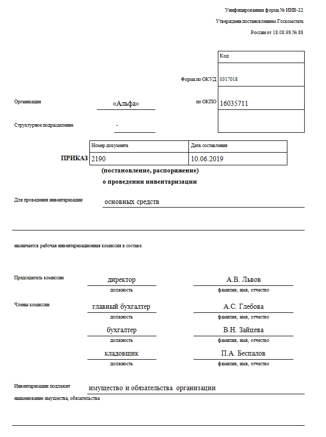 Решение о инвентаризации ф 0510439