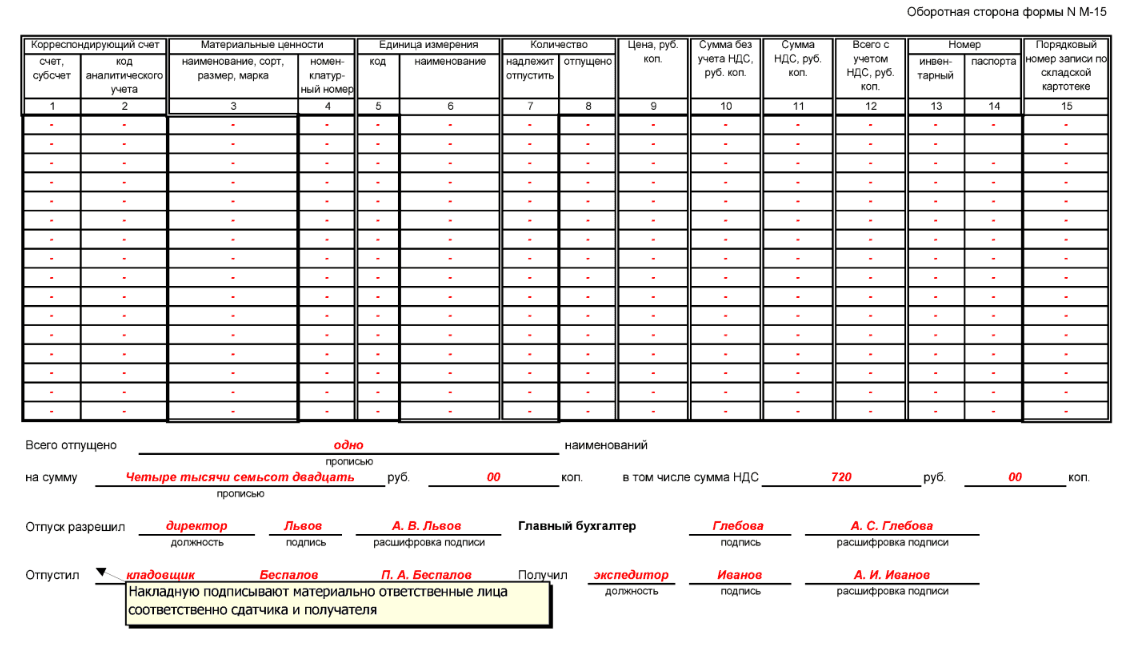 Накладная м15 образец