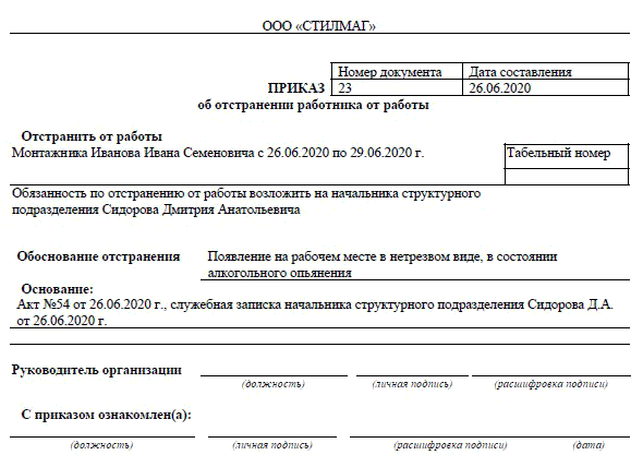 Уведомление об отстранении от работы образец