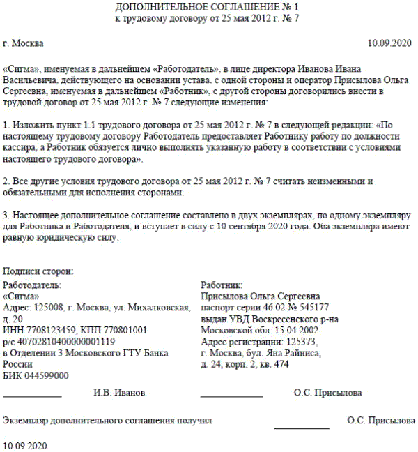Соглашение об изменении определенных сторонами условий трудового договора образец