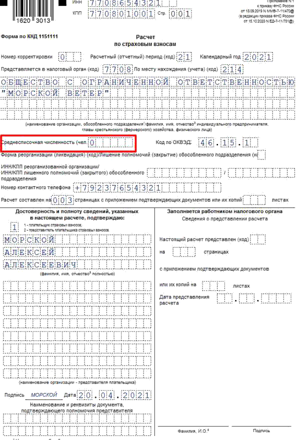 Образец заполнения формы кнд 1151111