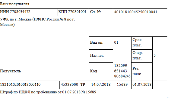 Образец платежного поручения на уплату штрафа за несвоевременную сдачу декларации