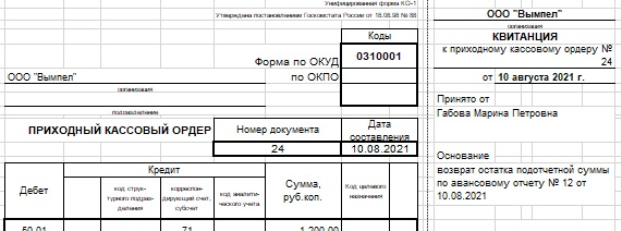 Приходный кассовый ордер 0310001 образец