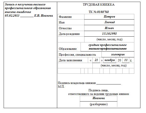 Как исправить дату рождения в трудовой книжке на титульном листе образец заполнения