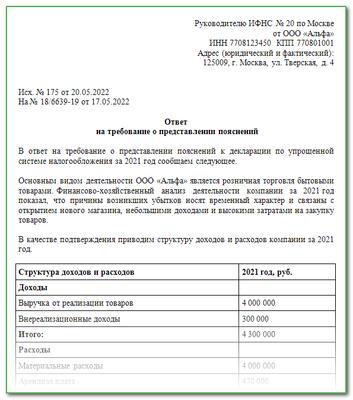 Образец пояснения в налоговую по убыткам усн образец