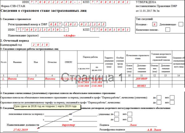 Сзв 1 за 2000 год образец