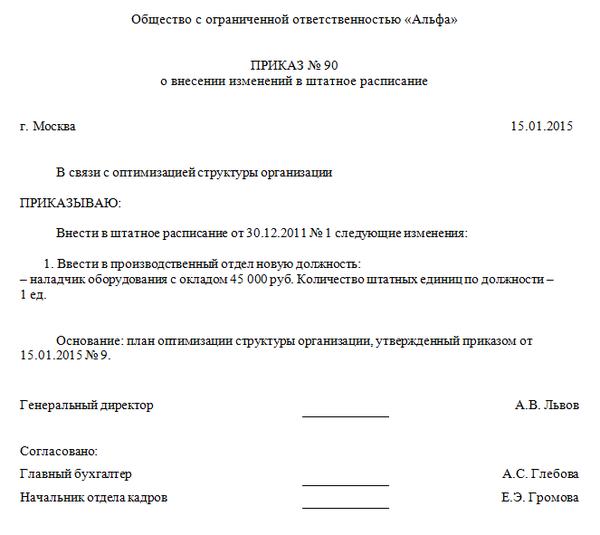 Образец приказа на изменение приказа