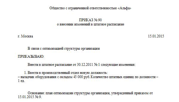 Приказ об изменении штатного расписания на 2022 год образец