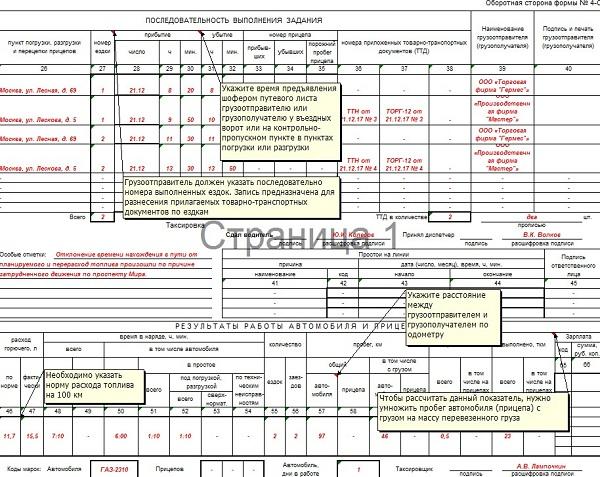 Образец заполнения путевого листа грузового