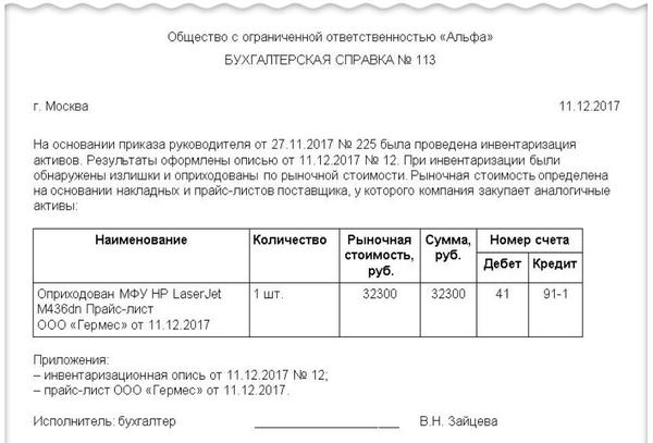Приказ об оприходовании излишков при инвентаризации образец