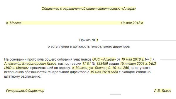 Приказ о назначении директора и главного бухгалтера ооо образец с одним учредителем 2021