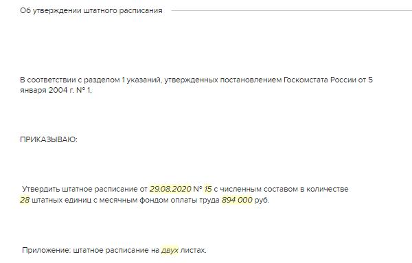 Приказ об утверждении штатного расписания на 2022 год образец